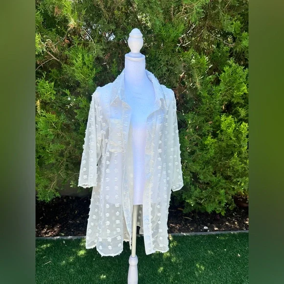 Women’s B Elegant White Sheer Swiss Dot Embroidered Long Sleeve Cardigan size S - Picture 2 of 5